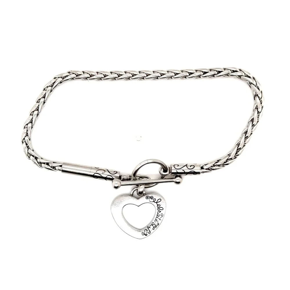Brighton Celebrate Life Heart Charm Wheat Chain Toggle Bracelet Silver Tone